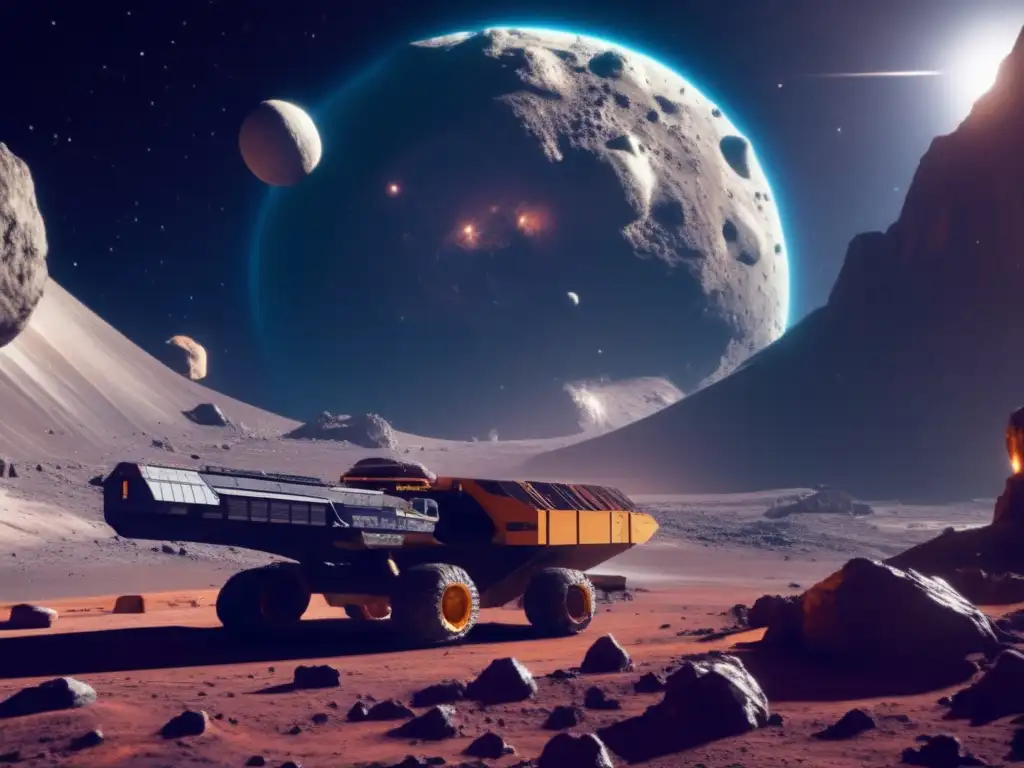 Dash-A massive asteroid with intricate mining ship hovering, excavation expanding in backdrop