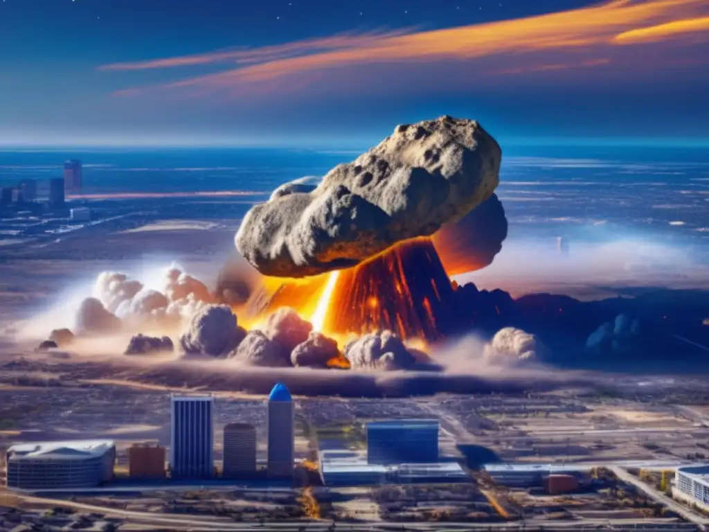 A breathtaking photorealistic image of a massive asteroid looming over the Oklahoma City skyline, with debris scattering its wake