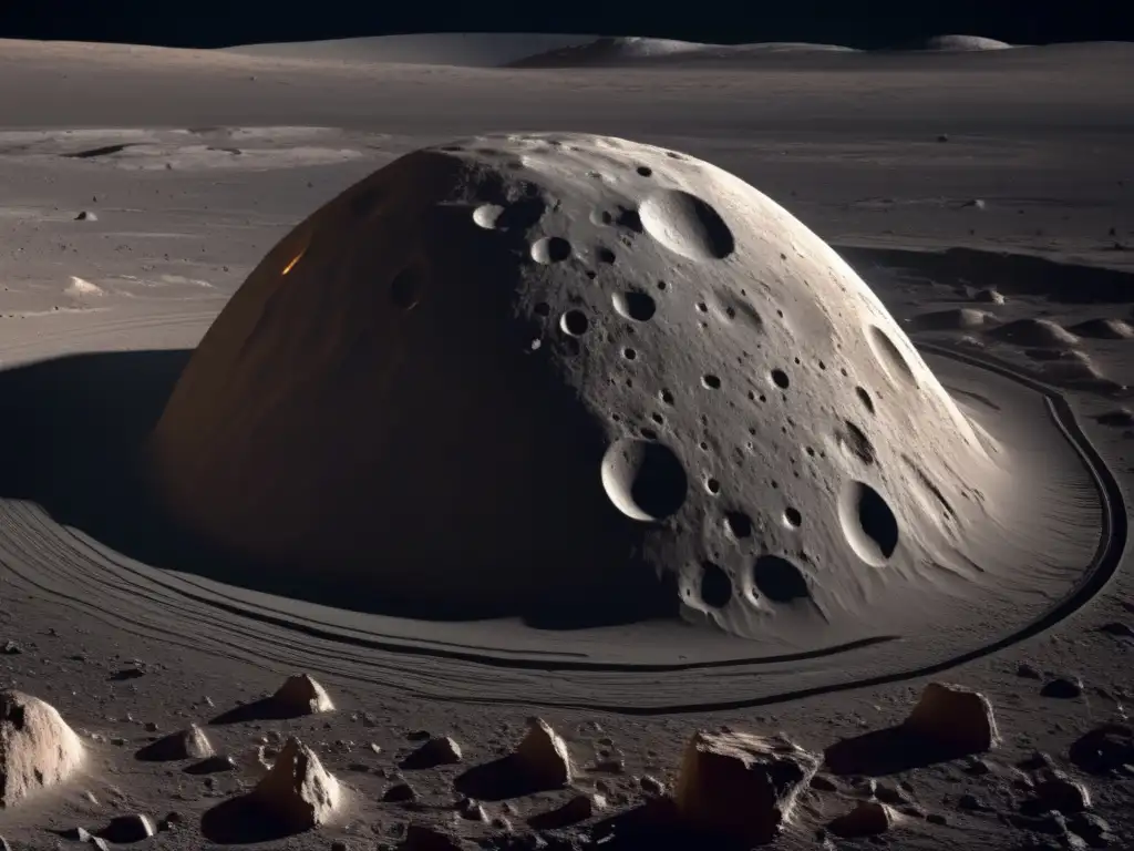 Mathilde, a carbonaceous asteroid located in the asteroid belt between Mars and Jupiter, with a detailed closeup of its cratered surface