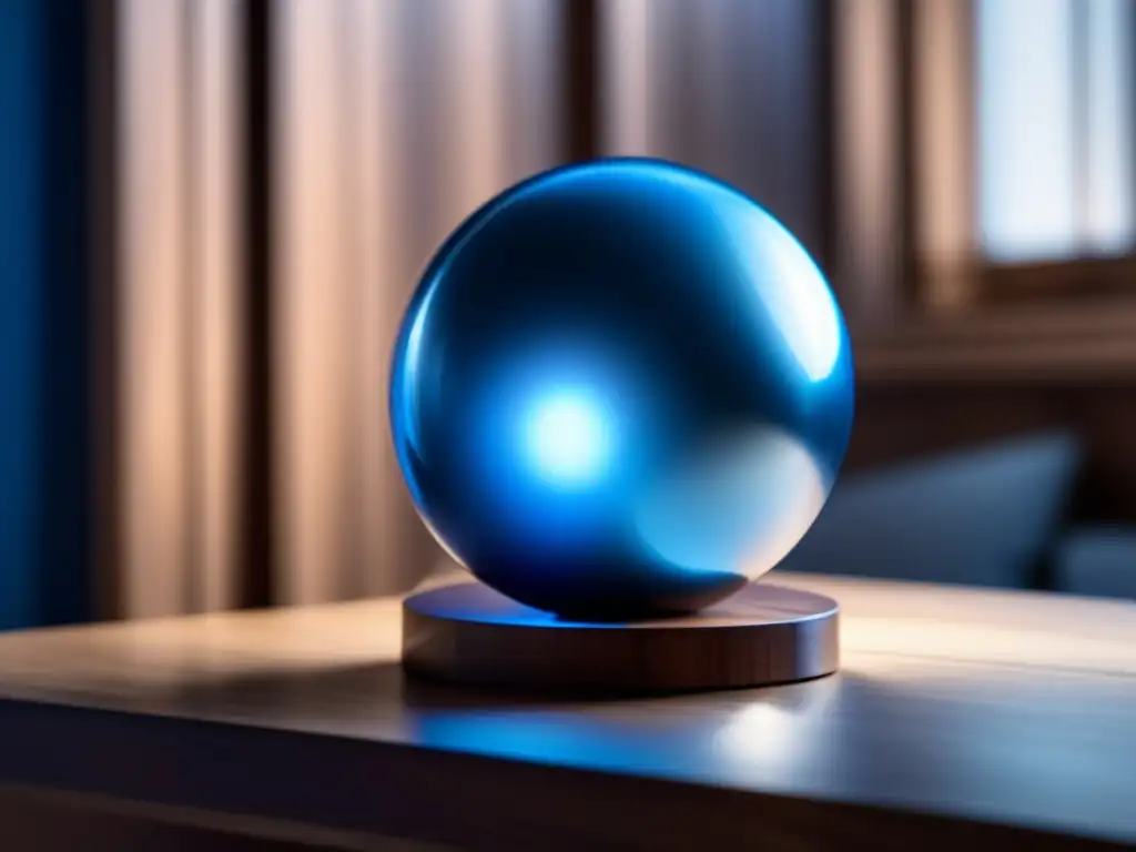 Discover the secrets of the universe held within a metallic sphere with a blue hue, emitting faint glimmers of light from within