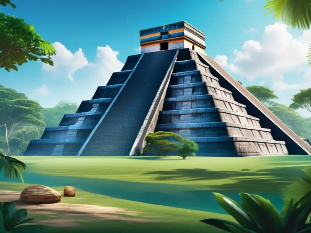 Amidst a lush backdrop, the image showcases the grandeur of the Mayan civilization with colossal pyramids and stone temples