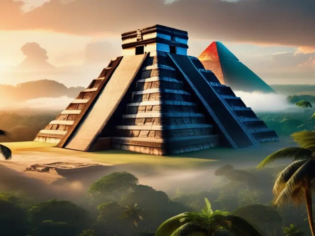 A majestic Mayan pyramid rises at sunrise, its intricate carvings depicting ancient religious ceremonies involving asteroids