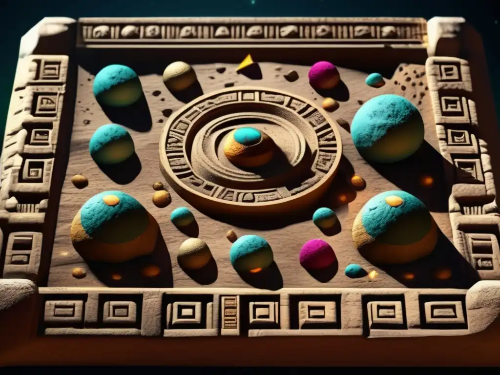 A close-up of a Mayan codice, with asteroids intricately incorporated, exuding an otherworldly beauty and spiritual significance