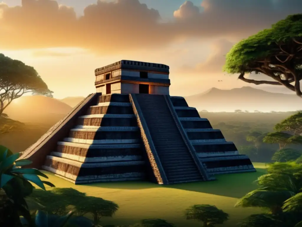 A stunning 8k photorealistic depiction of an Ancient Mayan observatory overlooking the lush Mayan jungle at dawn