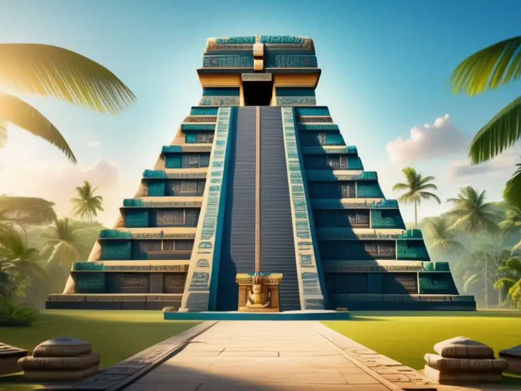 A majestic Mayan temple, illuminated by the golden light of the sun, sits amidst lush green vegetation and a clear blue sky