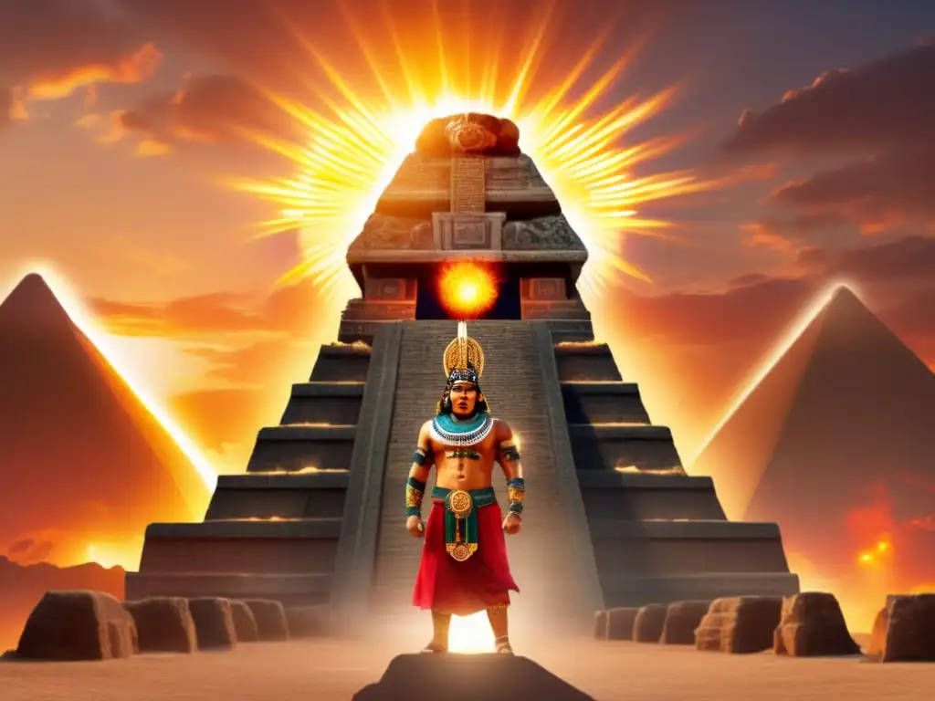I need an ALT text for an image that captures the essence of the Mayan sun god surrounded by an explosion of golden light rays emanating from an asteroid embedded in the forehead, with Mayan pyramids in the background