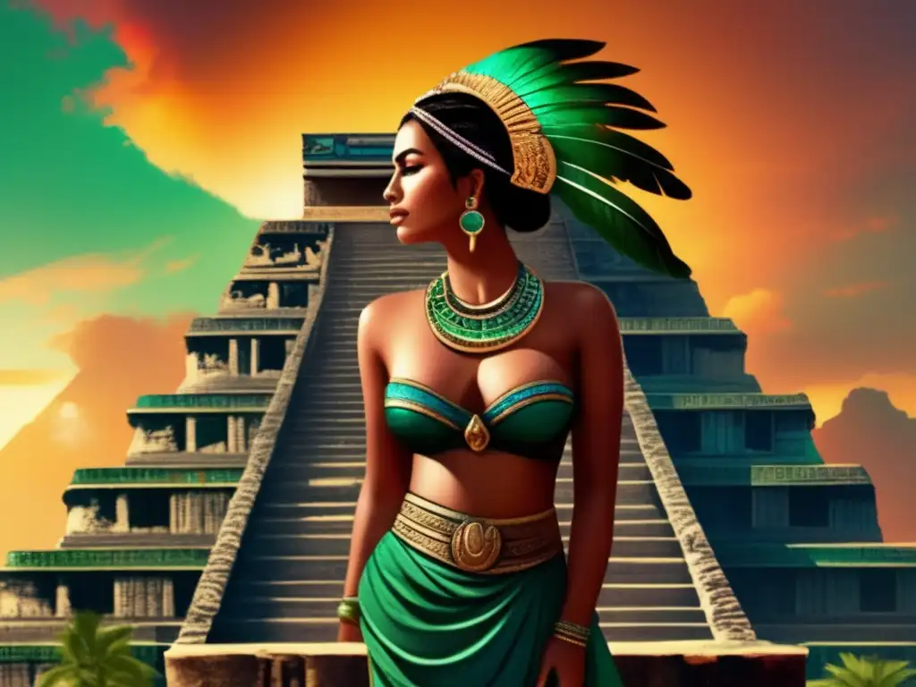 A callipygian queen stands proudly atop an ancient Mayan tower, gazing out at the horizon with a serene expression