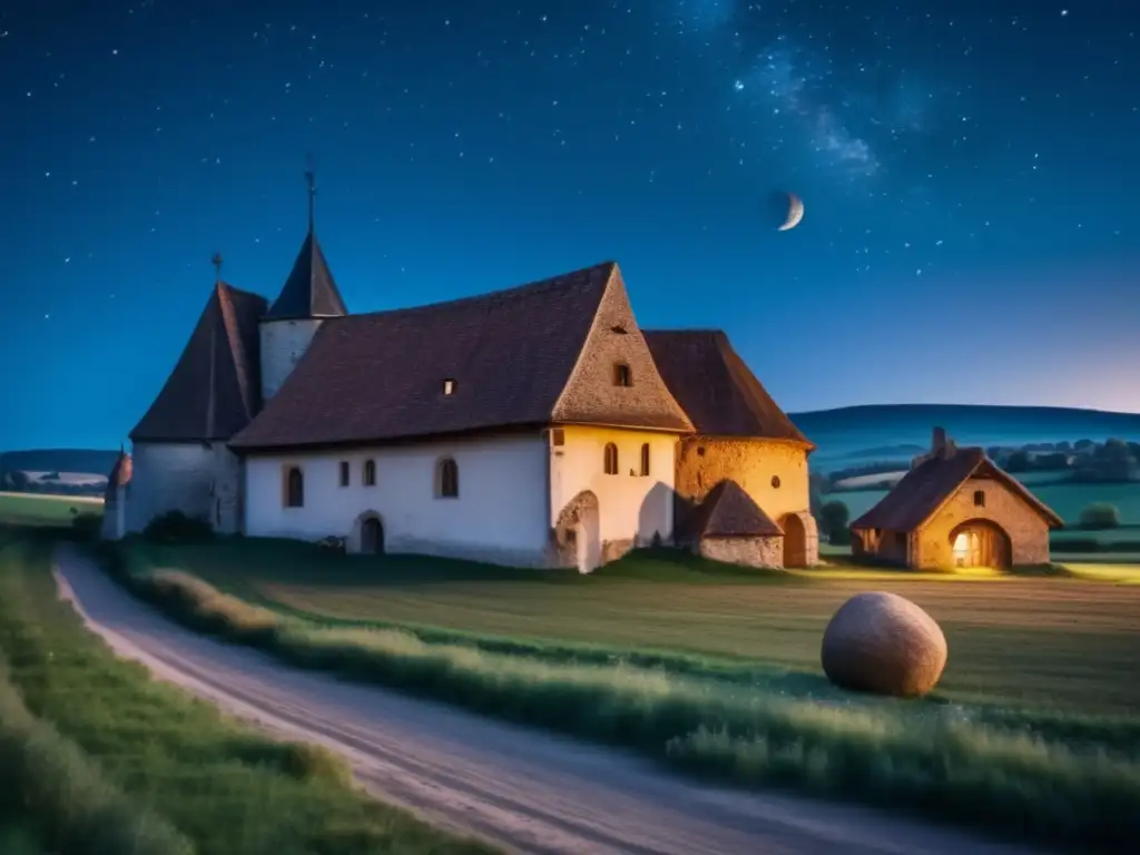 A breathtaking fine art photograph captures the essence of a medieval European landscape, with a starry sky and an asteroid floating in the background