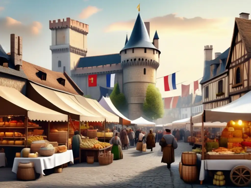 A picturesque medieval street market comes alive with vendors selling fresh produce, handcrafted goods, and more