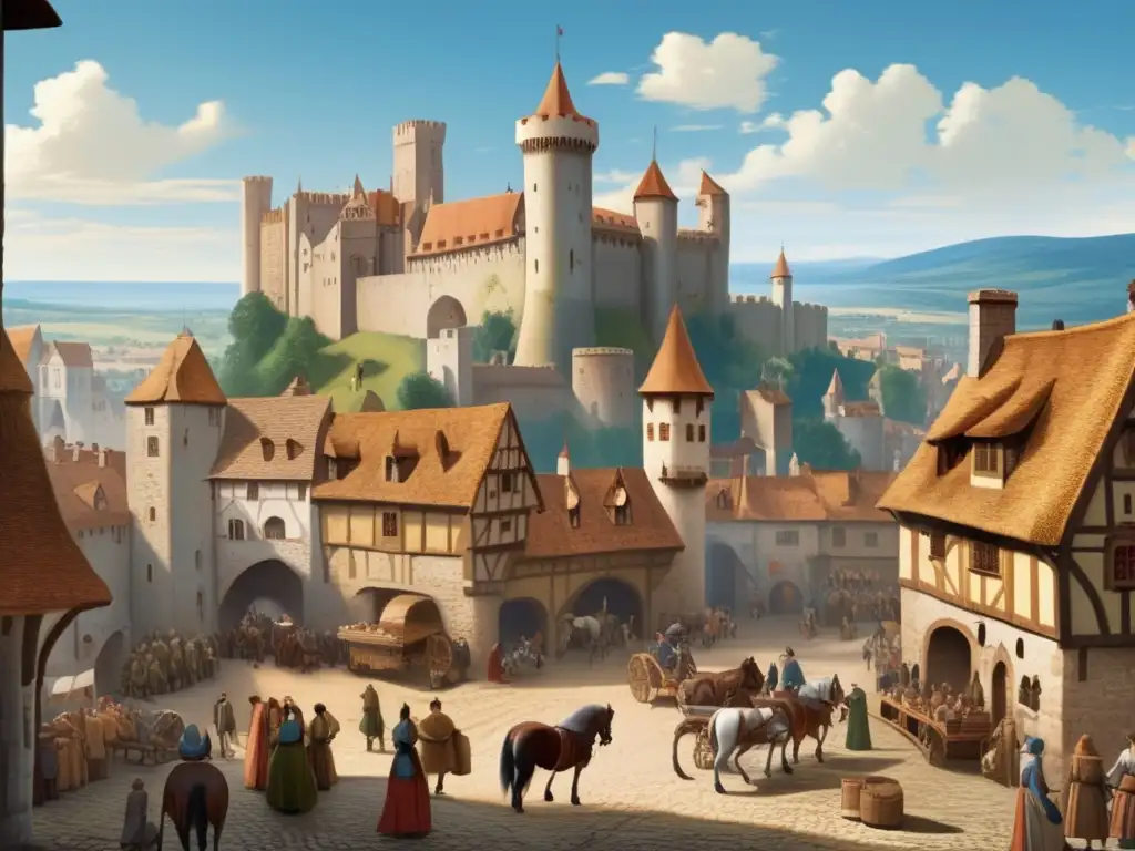 A medieval town with a vibrant atmosphere and a castle in the background, along with a clear blue sky, bustling with activity