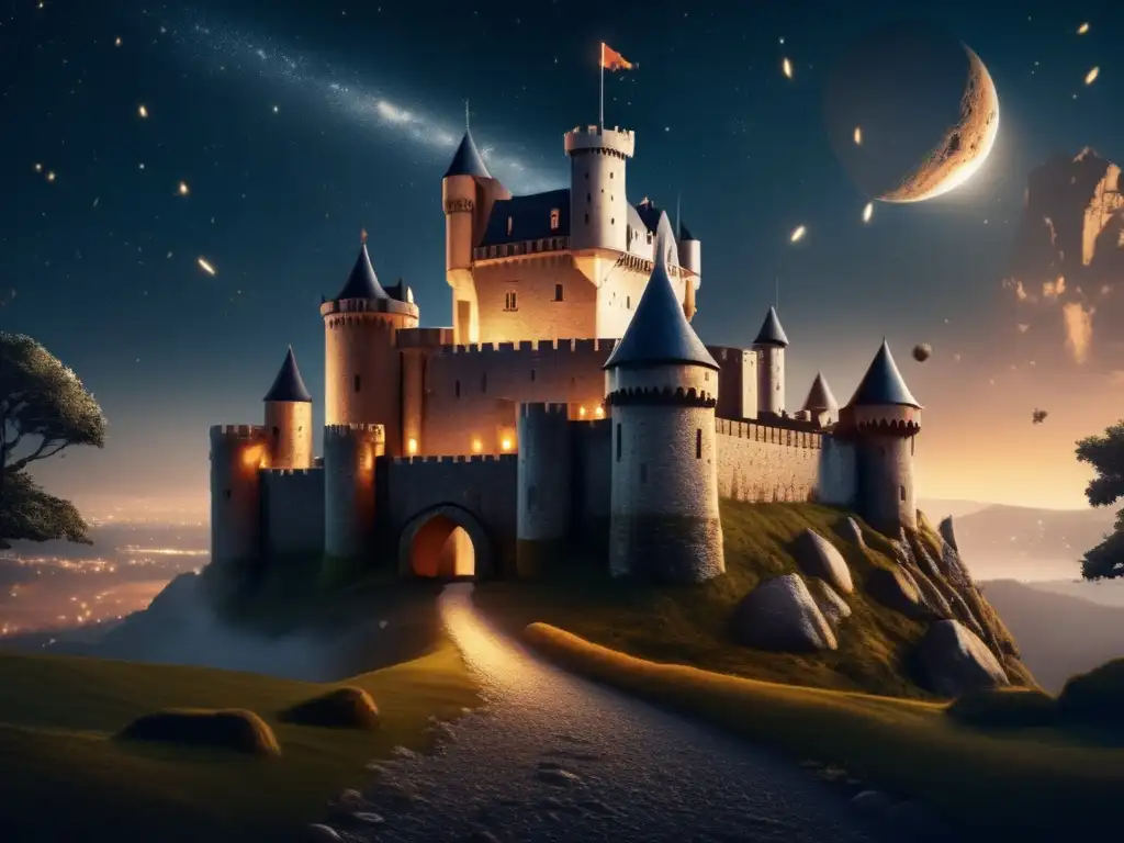 Medieval castle under a blanket of stars, surrounded by an asteroid field in a photorealistic image