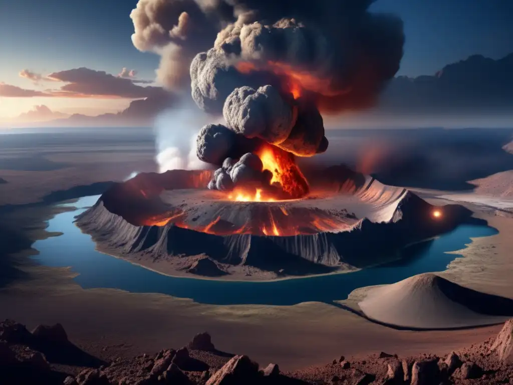 A photorealistic depiction of a devastating asteroid impact on Earth, with jagged cliffs, crumbling rocks, and smoke billowing from the blast site