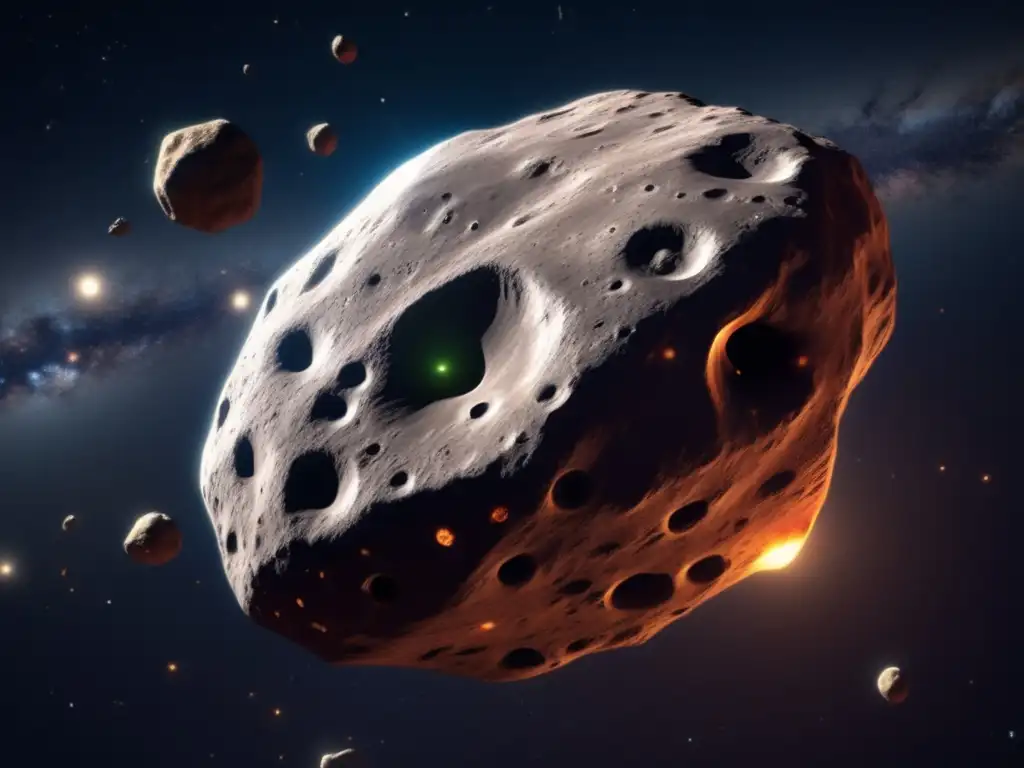 Dazzling photorealistic image depicts an enormous asteroid in space, brimming with intricate tendrils lighting up multiple sides