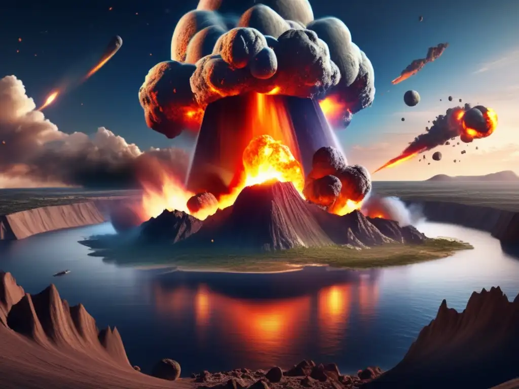 Asteroid collision at the end of Mesozoic Era causes massive explosion, sending debris and smoke into atmosphere