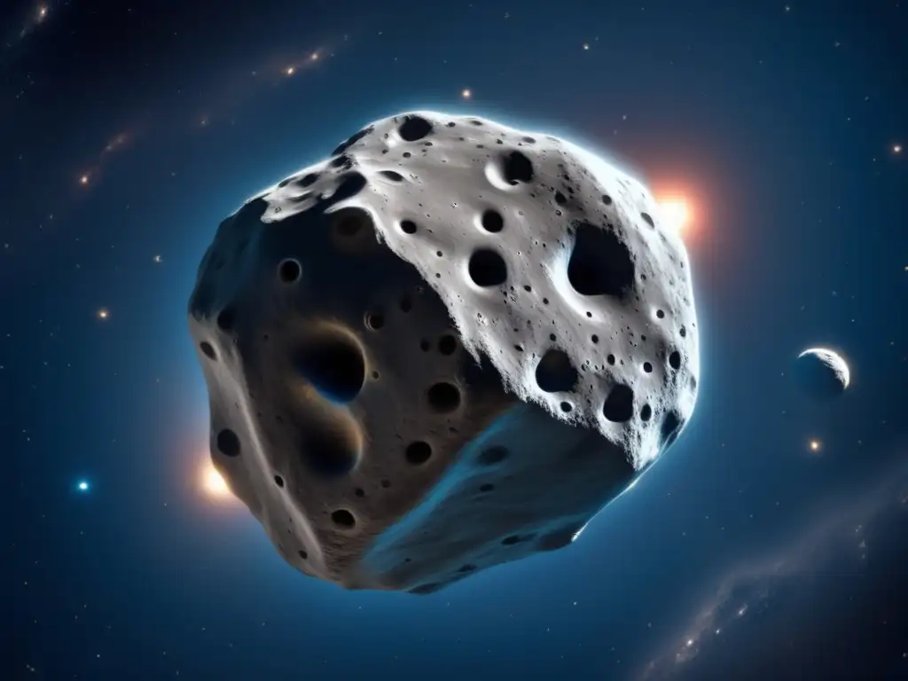 A photorealistic closeup of a vast, mysterious asteroid in space with visible craters and faint nebulae in the background