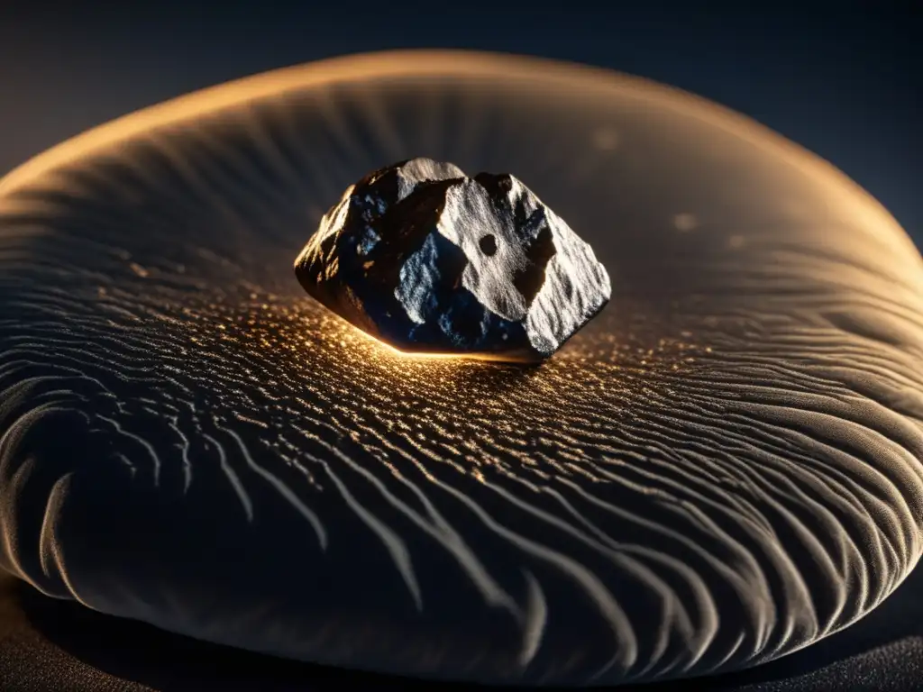 Meteorite enchantment unveiled on a velvet velvet cushion, softly illuminated by the gentle light, offering 8k ultradetailed detail