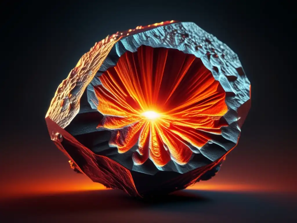 A dazzling metallic asteroid graces the night sky, showcasing its intricate valleys and ridges in bold relief, all enveloped in a vital, fiery aura, like a beacon guiding lost souls in darkness