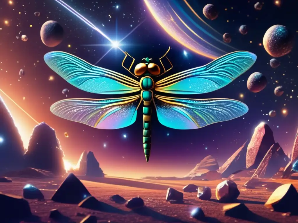 A dazzling dragonfly emerges from a meteoroid crack, radiating iridescence as sunlight kisses its wings, hovering before a cosmic kingdom of asteroids