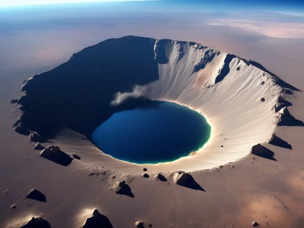 An awe-inspiring photo of a newly formed meteor impact crater, depicted in exceptionally realistic detail