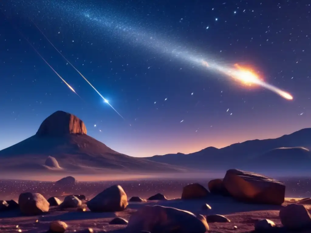 A stunning meteor shower illuminates the vast cosmic landscape, highlighting a small asteroid hovering in front