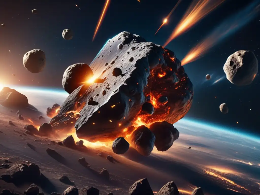 In this photorealistic image, a monstrous asteroid speeds through space towards Earth, spewing meteors in every direction