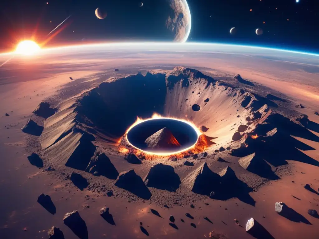 An aerial shot of a vast open field, with a shattered and burning asteroid embedded in the earth, creating a massive crater