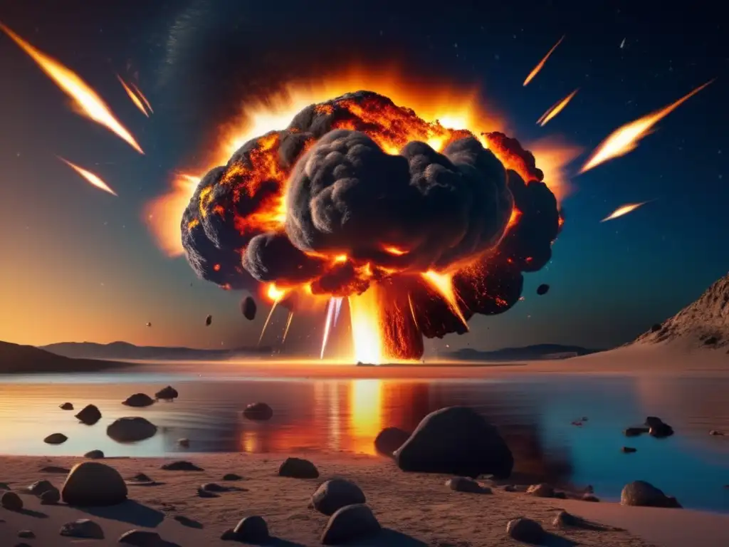 A photorealistic depiction of the impact of a meteor on Earth, resulting in a catastrophic explosion and widespread debris