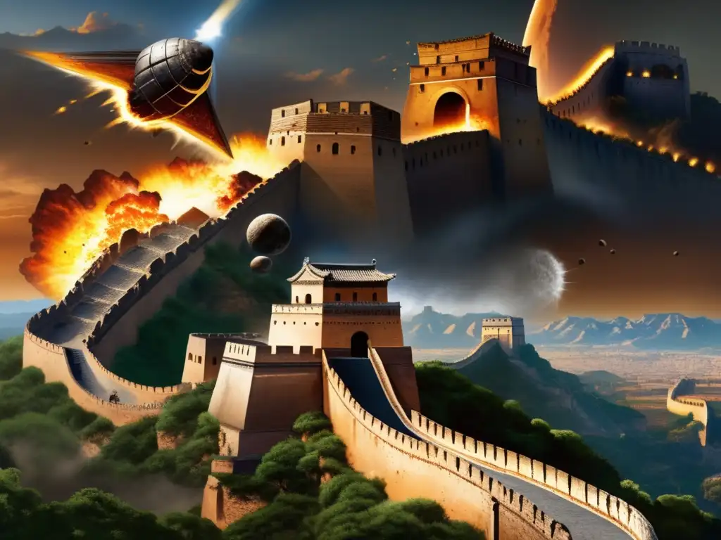 A majestic photorealistic painting portrays a titanic asteroid impact on a historical landmark, the Great Wall of China