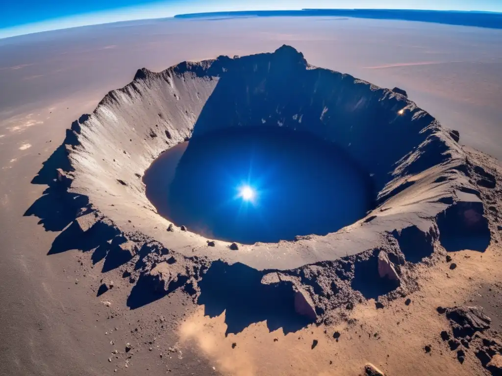 A breathtaking aerial view of a meteorite crater with debris scattered around
