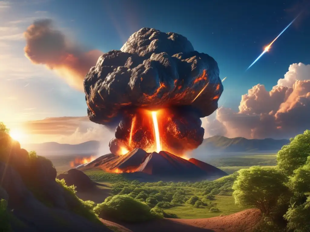 Meteorite splitting apart, dazzling explosion of molten rock, sparks, and trails against serene blue skies and dense green foliage in photorealistic image, keyword: 'meteorite
