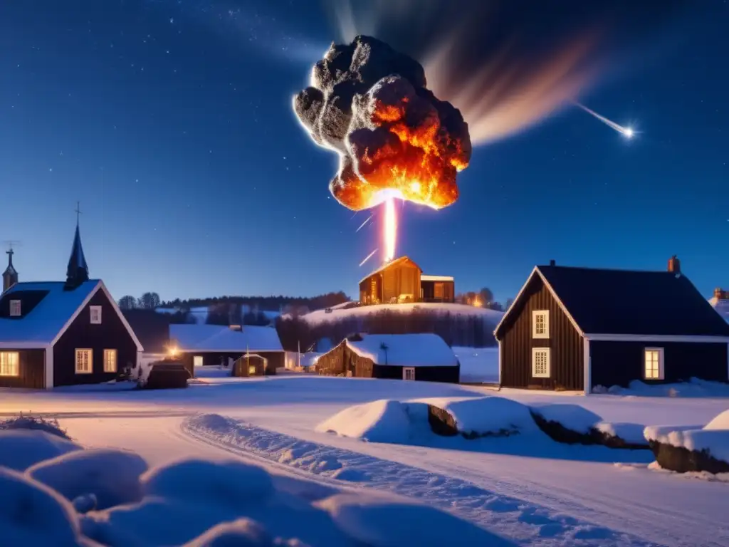 Dash: A captivating photorealistic image of a blazing meteorite streaking through the midnight sky over a quaint Scandinavian village below