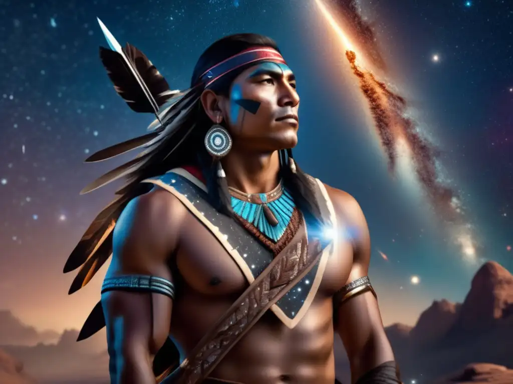 A striking photorealistic image captures the essence of a Native American warrior, skillfully wielding a celestial arrowhead crafted from a meteorite