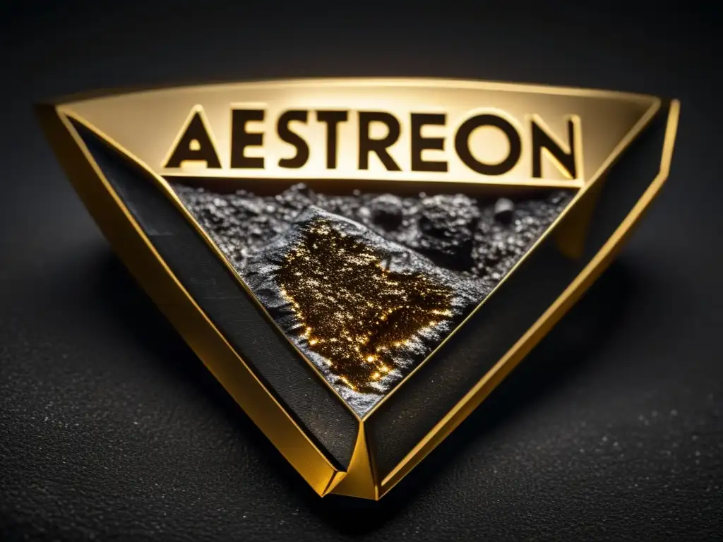 A stunning closeup of a meteorite with the inscription 'AESTREON' in gold, resting on a black background, capturing space's beauty and mystery