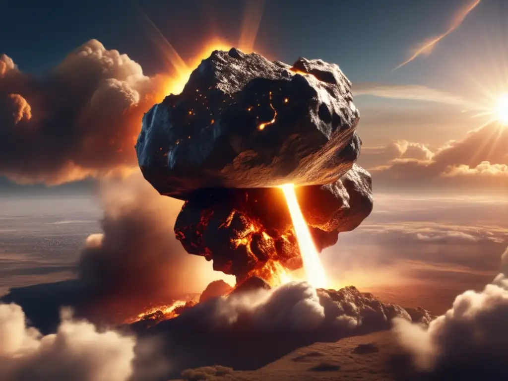 Meteorite strikes Earth with a deafening roar causing pandemonium as atmospheric chaos envelops the scene, leaving destruction in its wake
