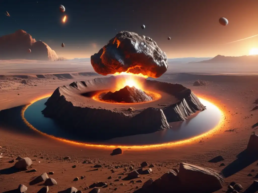 A photorealistic 8k ultradetailed artwork captures the devastating impact of a meteorite on a planet