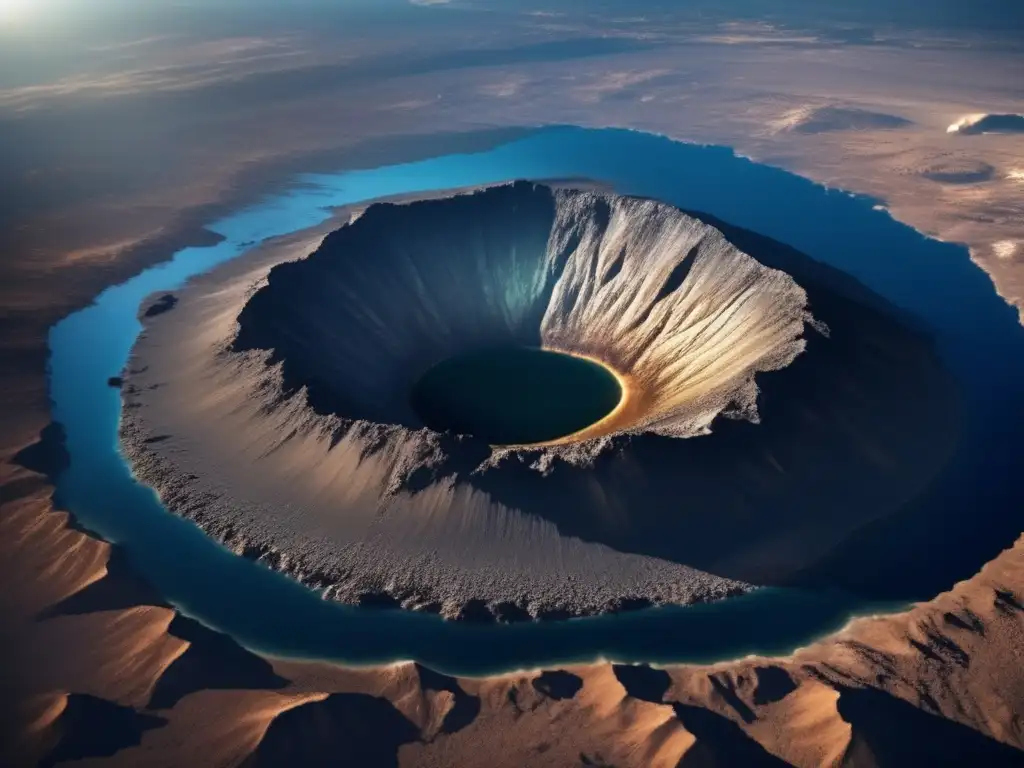 A stunning image of an impact crater on Earth, caused by an asteroid impact, photographed from above