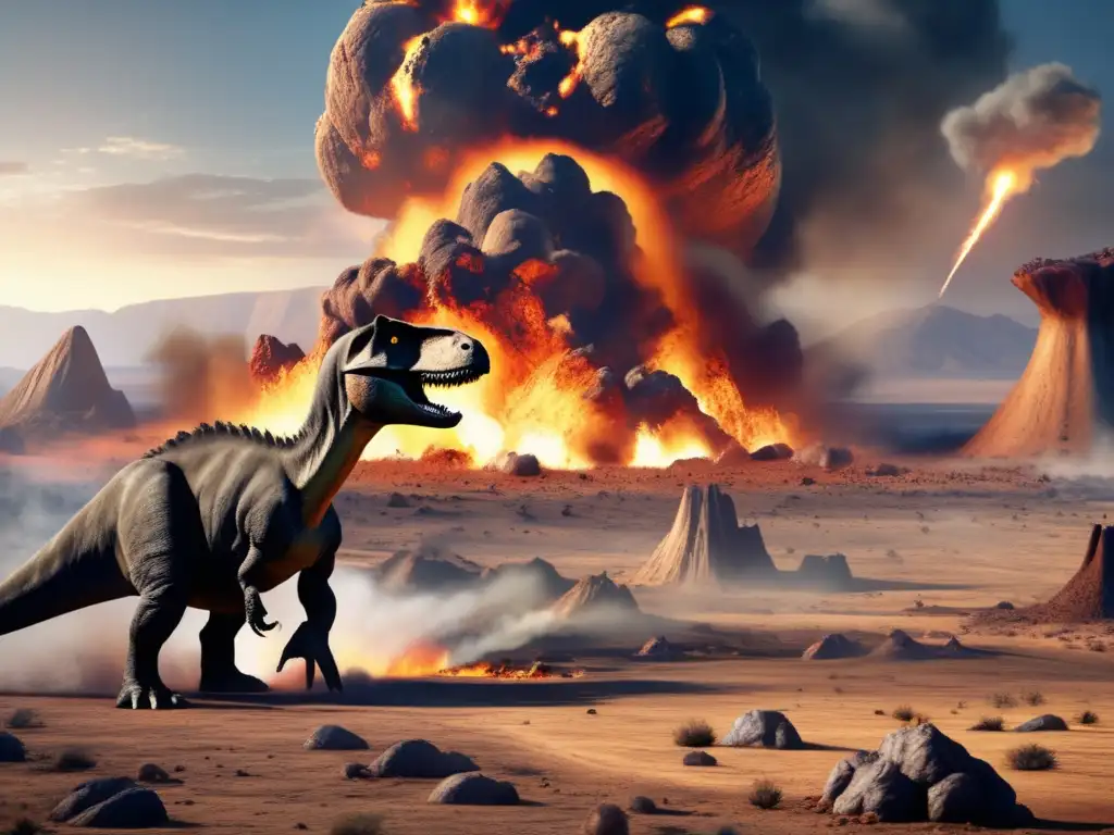 A photorealistic depiction of a cataclysmic meteorite impact on the Earth, causing widespread devastation and the extinction of dinosaurs