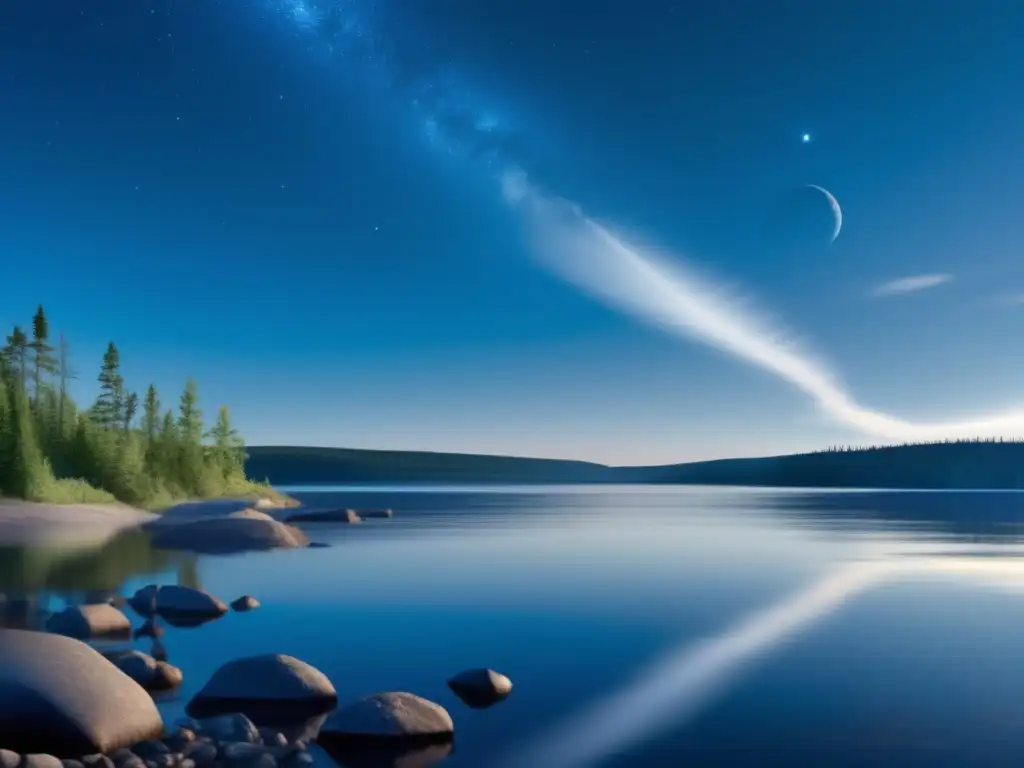 An artistic rendering captures the beauty and calmness of the Manicouagan Reservoir amidst the ancient asteroid strike