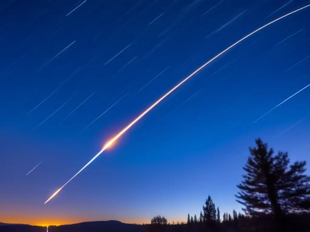 A brilliant meteor streaks across the sky, illuminated against the dark night, leaving a fiery trail in its wake during a meteor shower