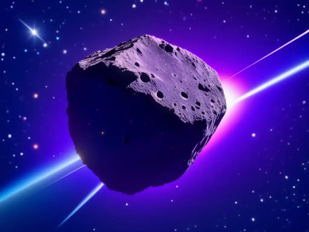 A majestic asteroid descends through the abyss of space, its jagged edges catching light as it approaches----