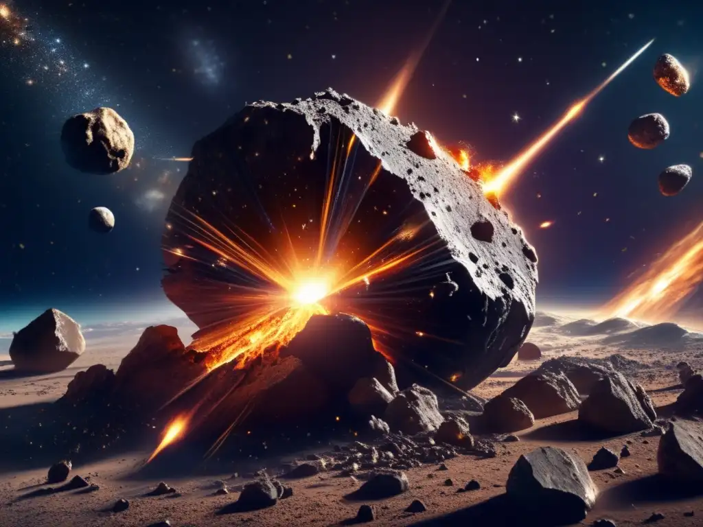 A meteoroid violently collides with an asteroid in this photorealistic closeup image, creating a spectacular explosion