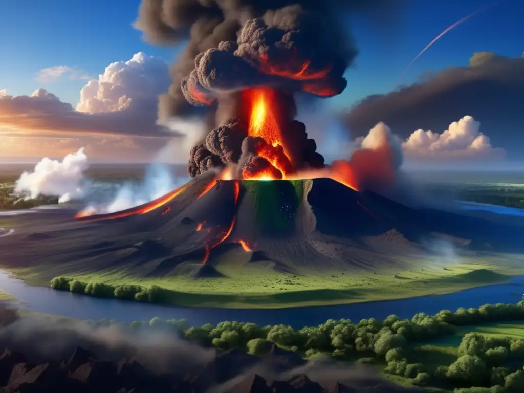 A stunning photorealistic image of a meteoroid's destruction, with lava and debris trailing behind, creating a stark contrast against the blue sky and green landscape