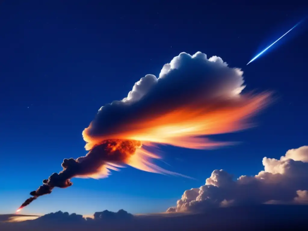 Dynamic closeup photograph captures a meteoroid streaking across the dark blue sky, illuminating clouds with fiery tail