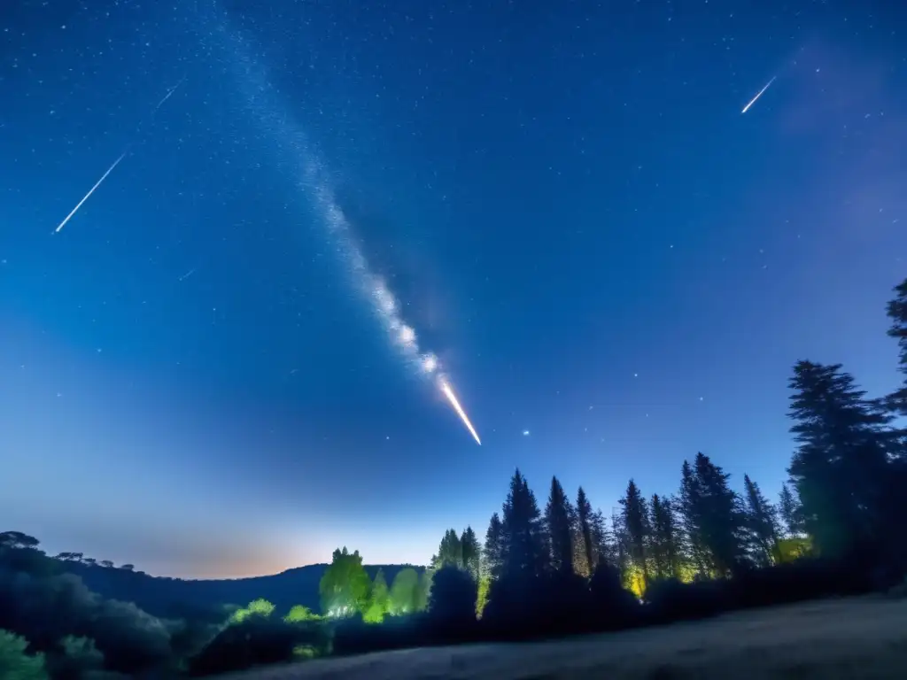 A thrilling photo of a meteor shower lighting up the starry sky, as fiery asteroids streak across the night