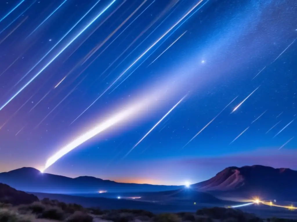 A stunning photorealistic image of a meteor shower explosion captures the dazzling light display and the tails of the meteors streaking across the sky