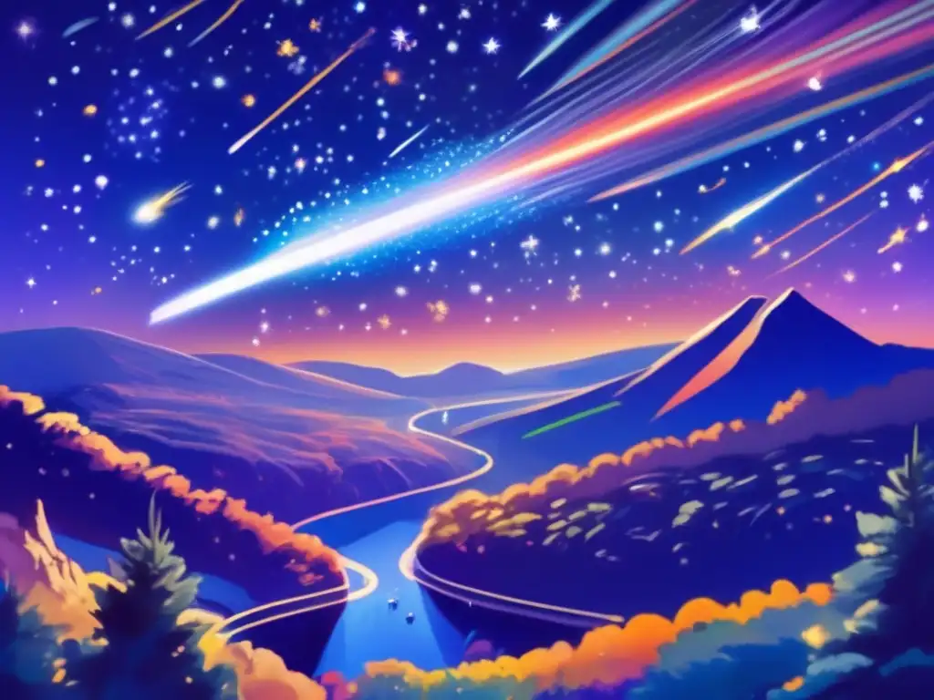 A mesmerizing painting of a meteor shower with asteroids streaking across the deep blue night sky, viewed from above Earth