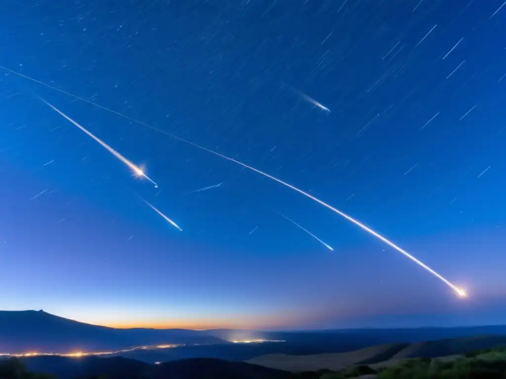 Approaching the celestial spectacle of meteor shower, with an array of twinkling stars forming a line in the night sky-