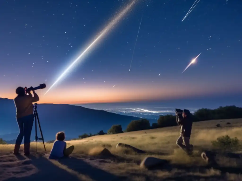 A stunning meteor shower lights up the night sky, with the moon casting a soft glow on the scene