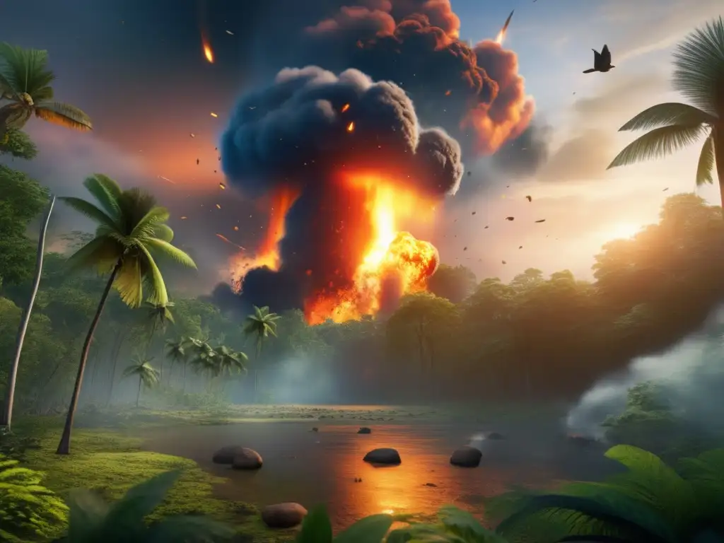 A photorealistic image captures the immense energy and destruction caused by a meteor impact on a lush, tropical forest