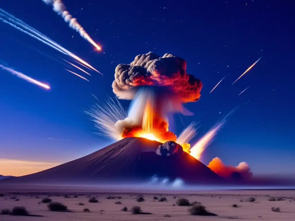 A meteor in space, on fire and crashing into a planetoid, creating a fiery explosion in the foreground, while its trajectory is visible in the sky